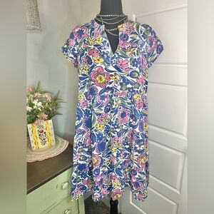 Roller Rabbit ChaChas Pamela Floral Blue Pink Yellow Cotton Dress Sz S Preppy